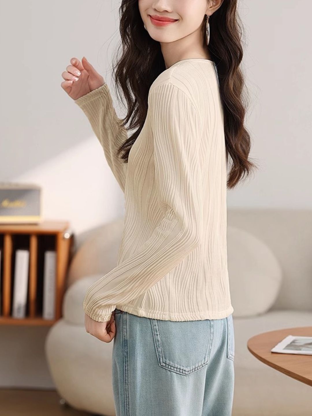 Heart Button Round Neck Long Sleeve Top