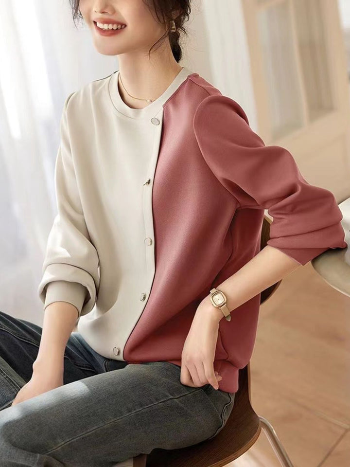 Round Neck Panelled Contrast Top - Green