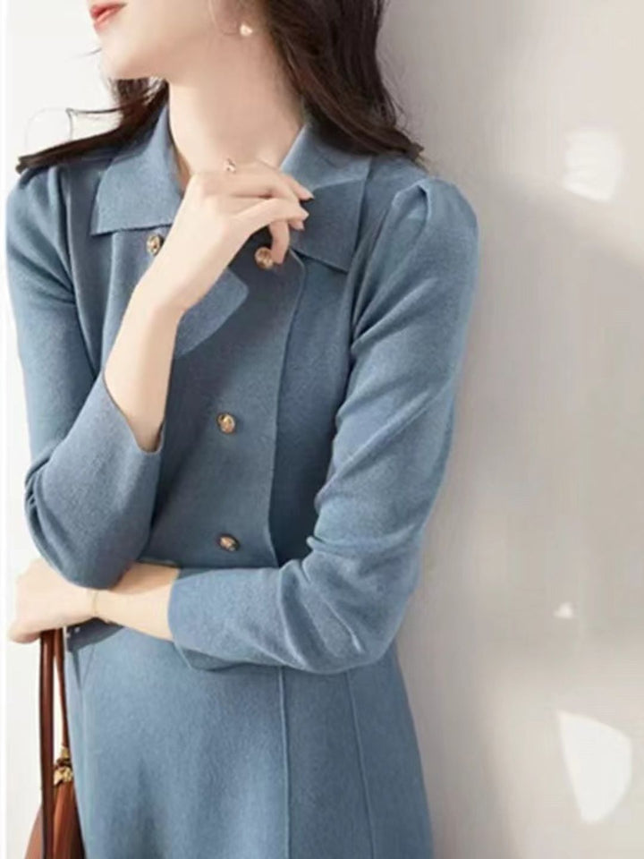 Lapel Knitted Sweater Dress -Black