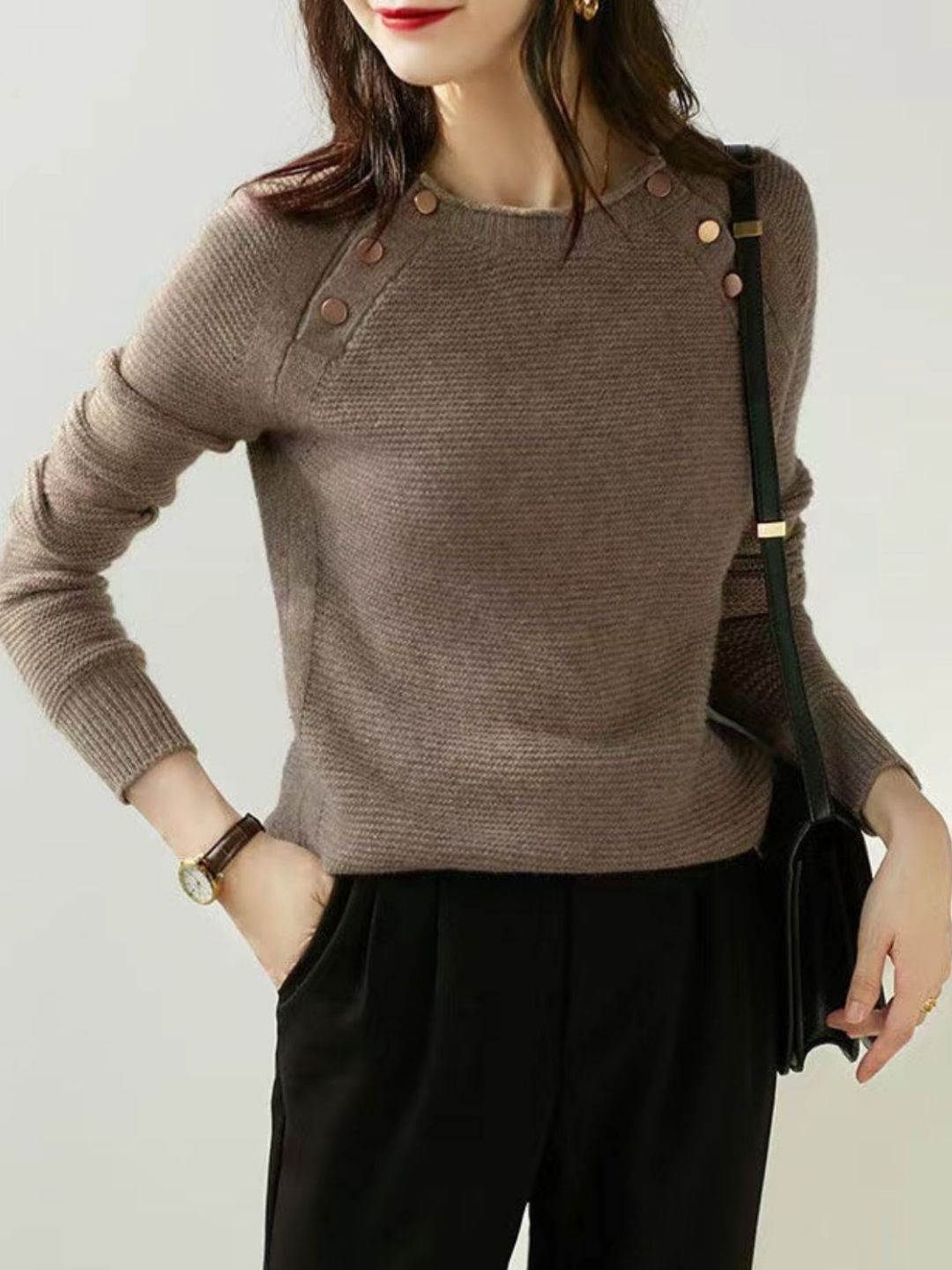 Retro Fashion Metal Button Sweater - Grey
