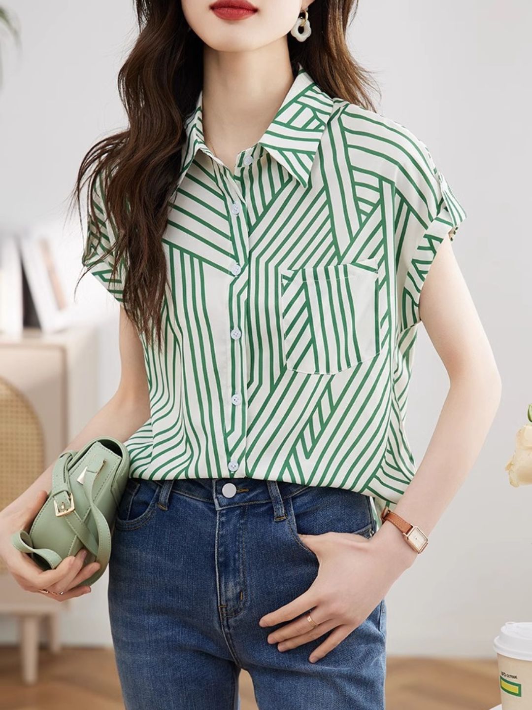 Chiffon Striped Short Sleeve Shirt