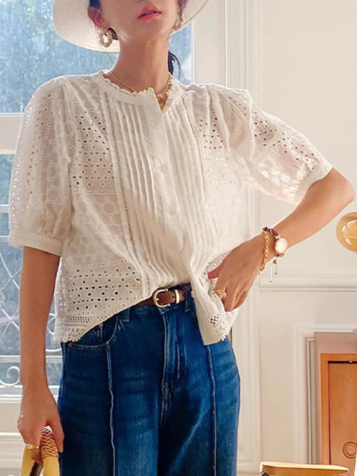 Lace Mid-Sleeve Elegant Hollow Shirt