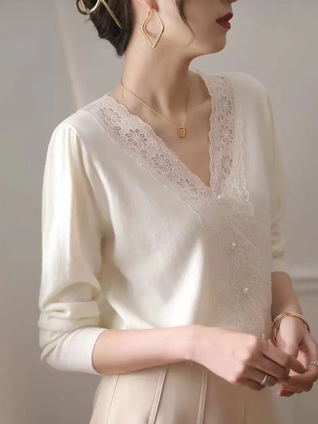 Lace Panel Sweater Top - Black