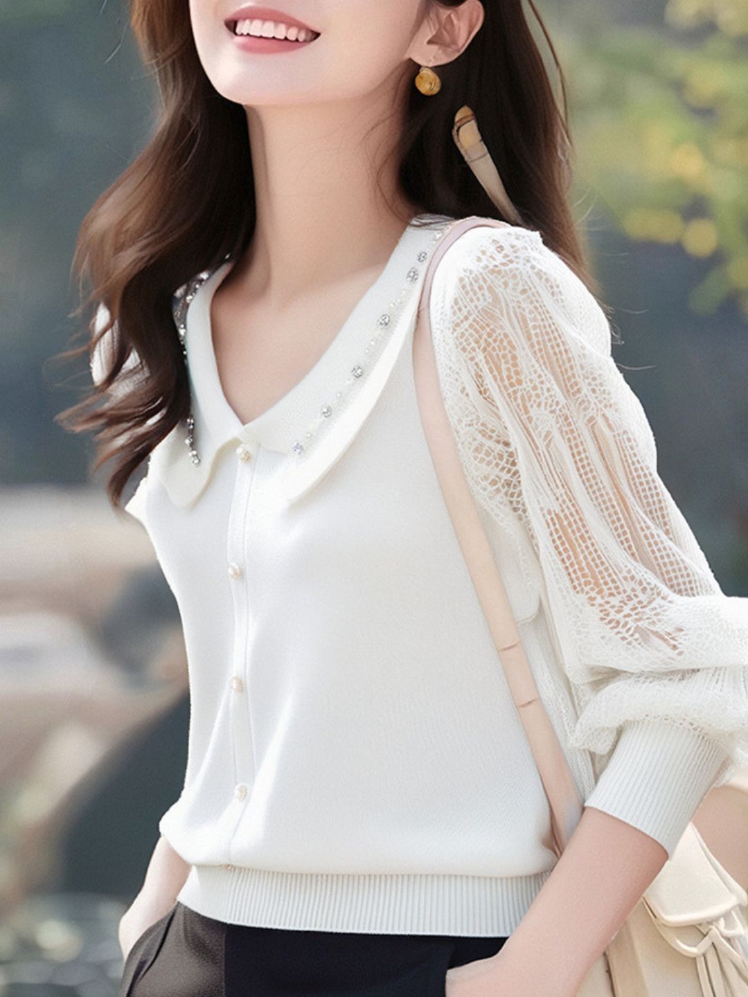 V-Neck Lace Sleeve Knitted Top