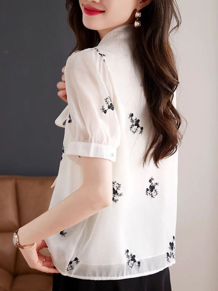 Bow Short Sleeve Chiffon Shirt - Apricot