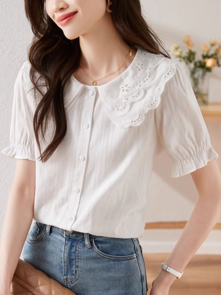 French Lace Double Collar Puff Sleeve Shirt - Pink
