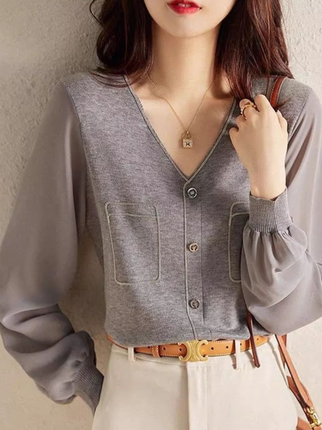 V-Neck Lantern Sleeve Sweater