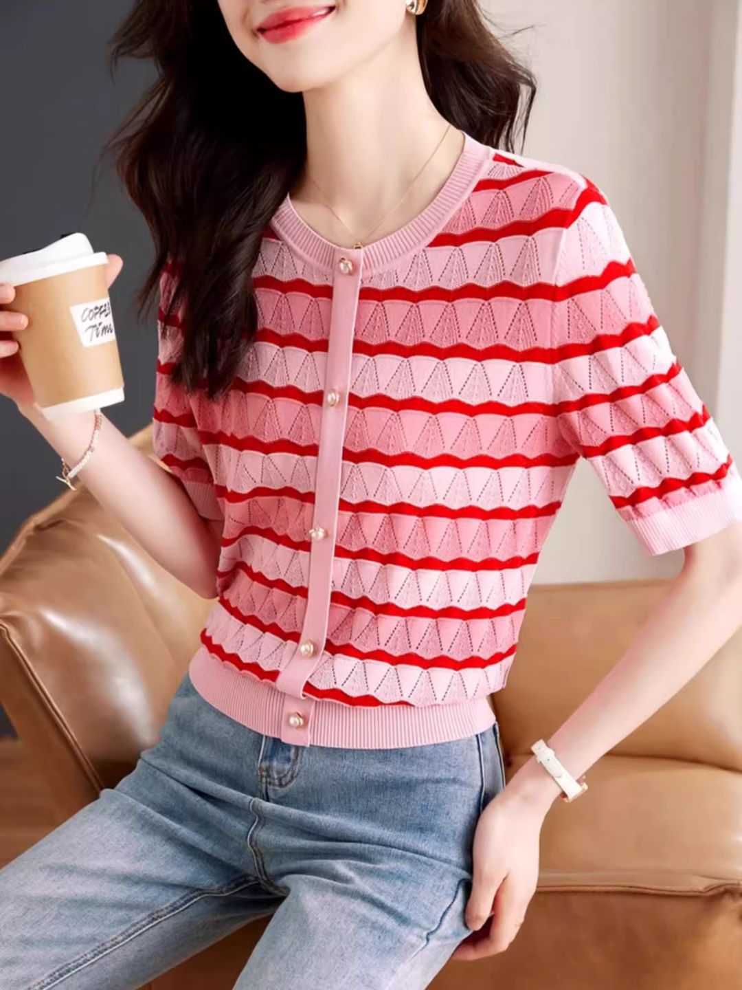 Hollow Striped Short-sleeved T-shirt