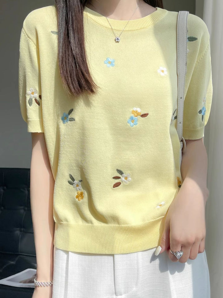 Crew Neck Embroidered Knitted Short Sleeves - Blue