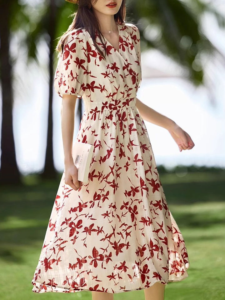 V-neck Floral Short-sleeved Dress