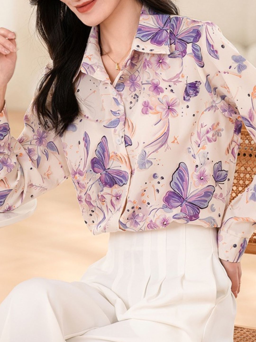 Loose-Fitting Lapel Printed Contrast Shirt