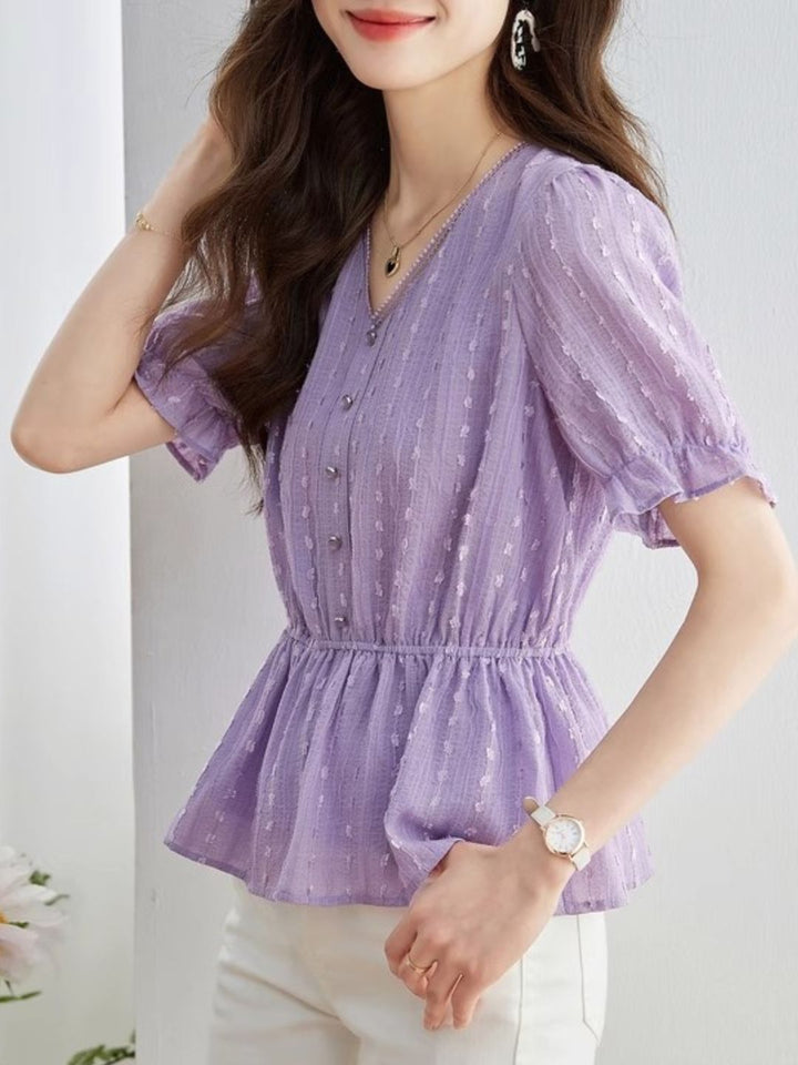Loose Chiffon V-Neck Fashion Shirt -Purple