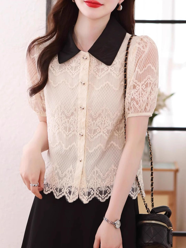 Contrast Lapel Lace Chic Top