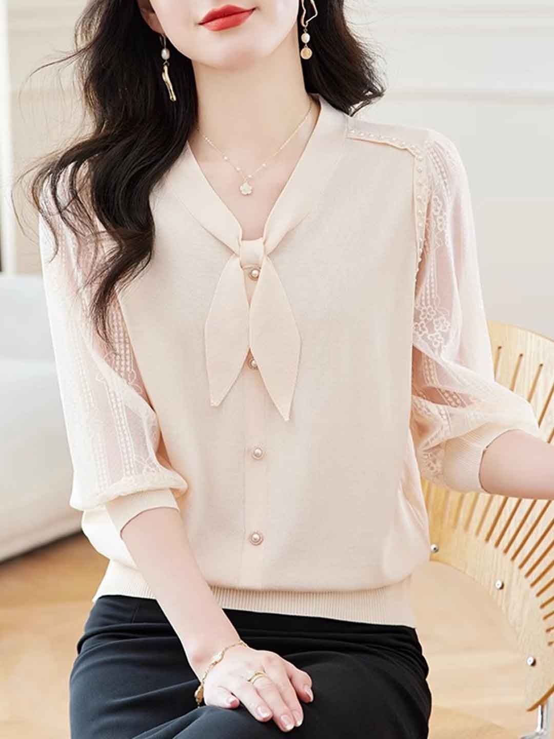 V-Neck Puff Sleeve Bow Lace Knitted Top