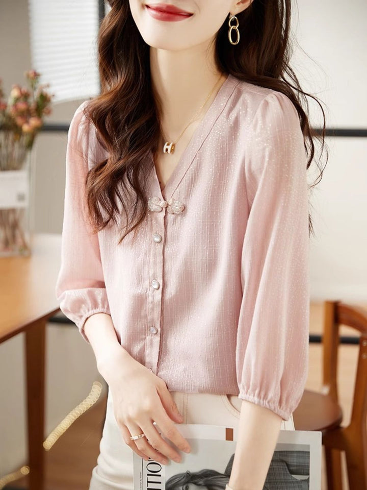 V-Neck Chiffon Shirt - Pink