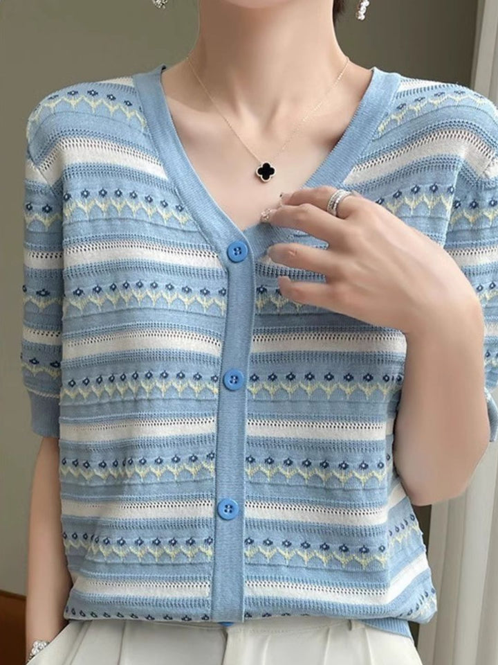 V-neck Short-sleeved Striped T-shirt