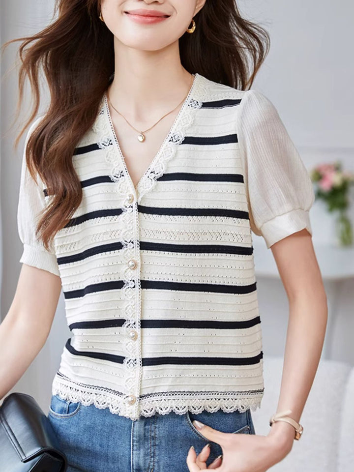 Striped Knit Cardigan Hollow Puff Sleeve Top