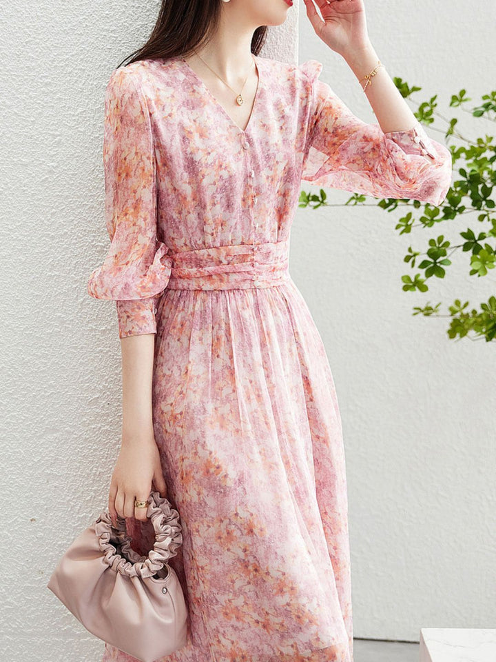 V-Neck Chiffon Floral Dress