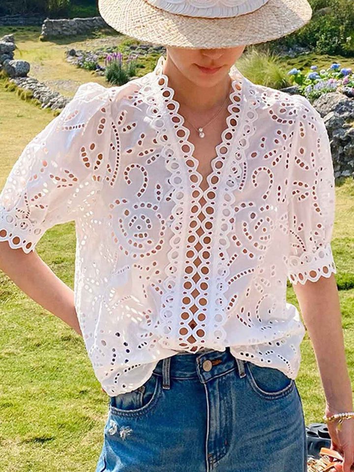 Classic V-neck Embroidered Top