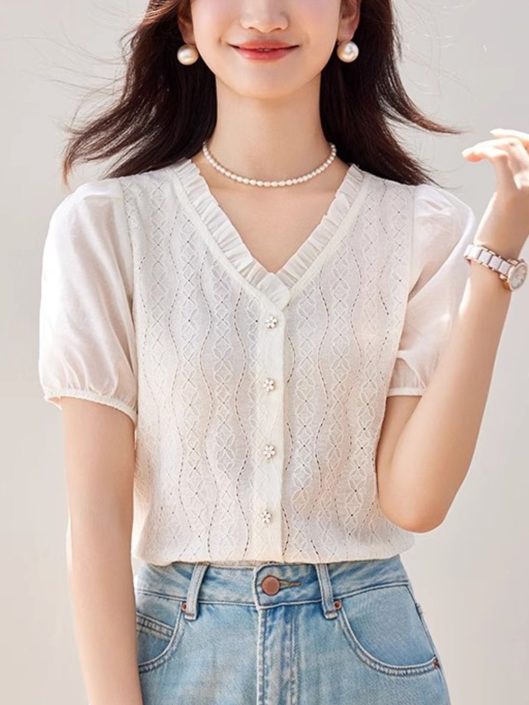 Temperament V-neck Chiffon Shirt