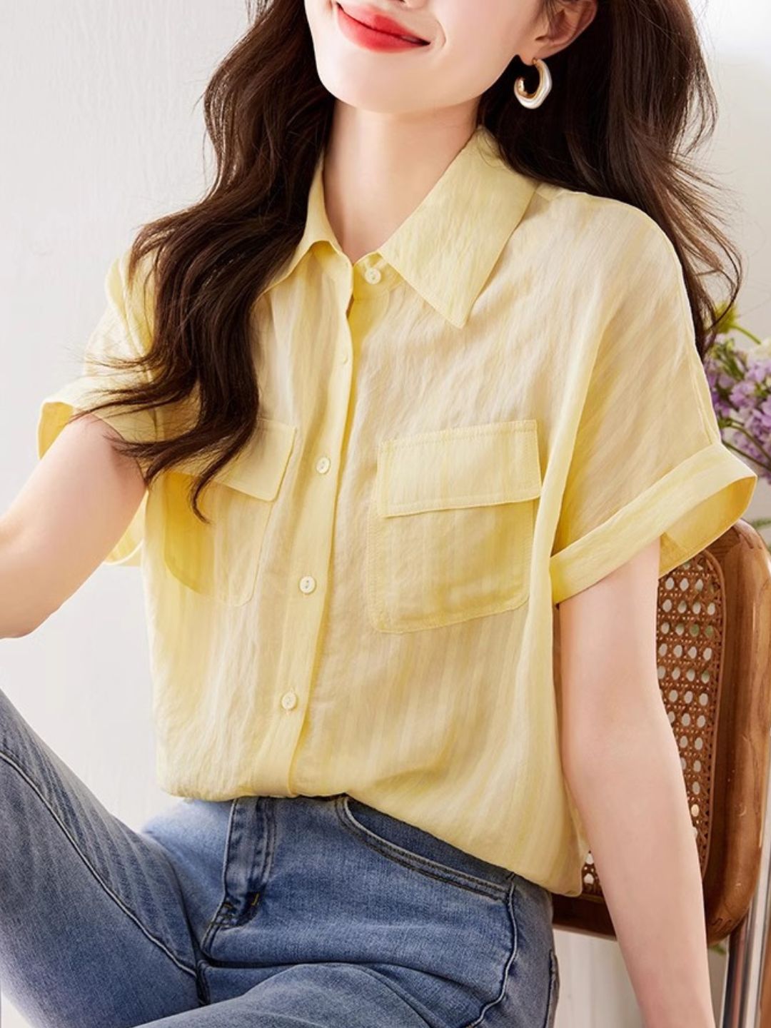 Retro Vertical Striped Short Sleeve Shirt