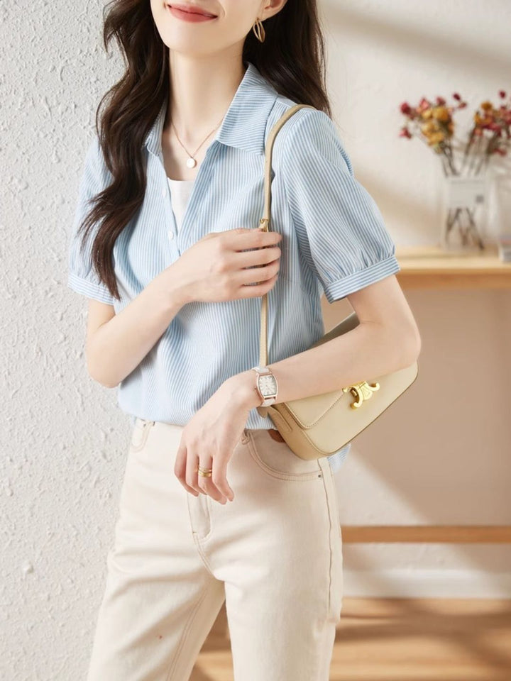 Striped Short-sleeved Lapel Shirt - Green