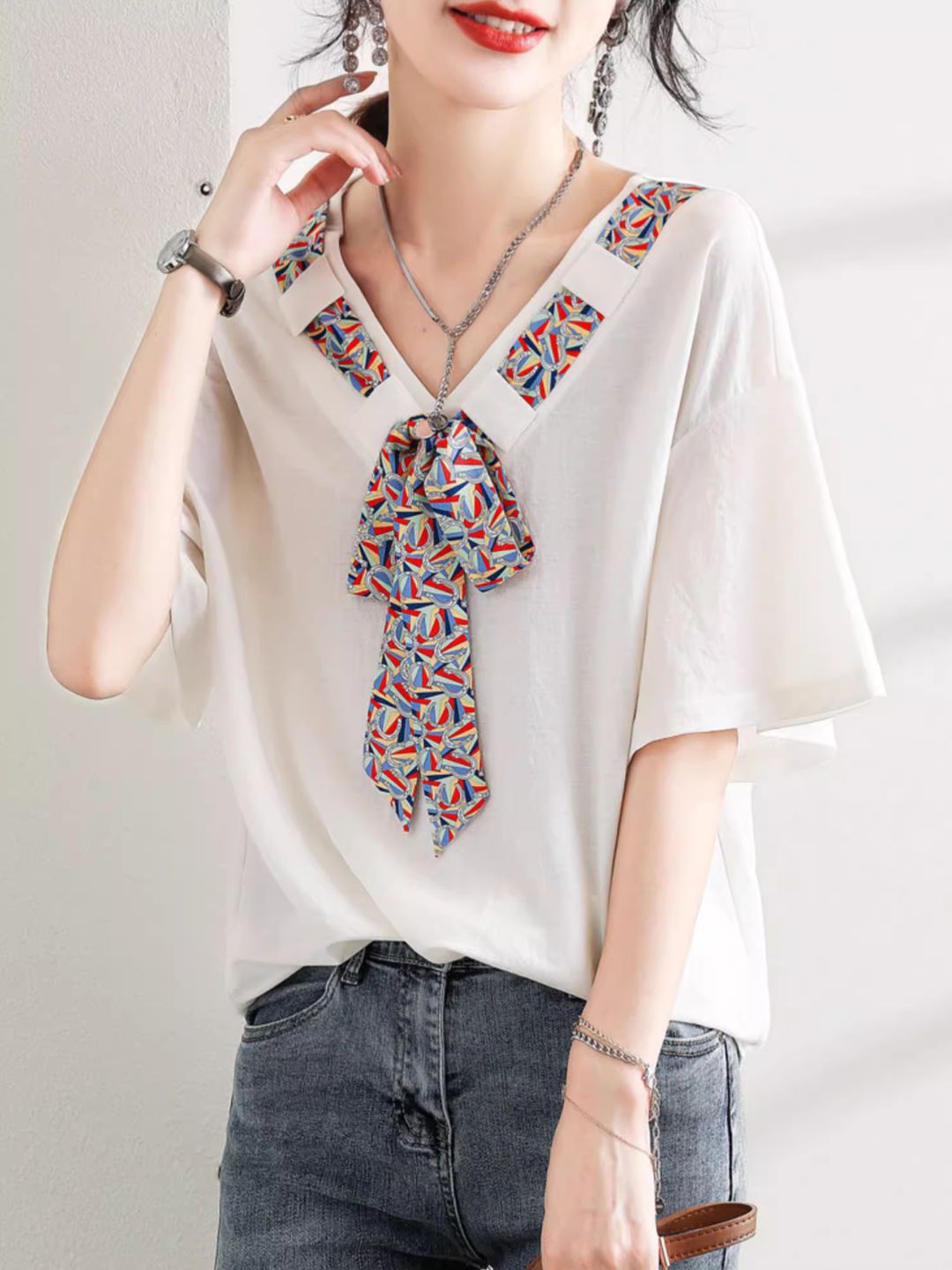 Loose Contrast Ribbon White T-shirt