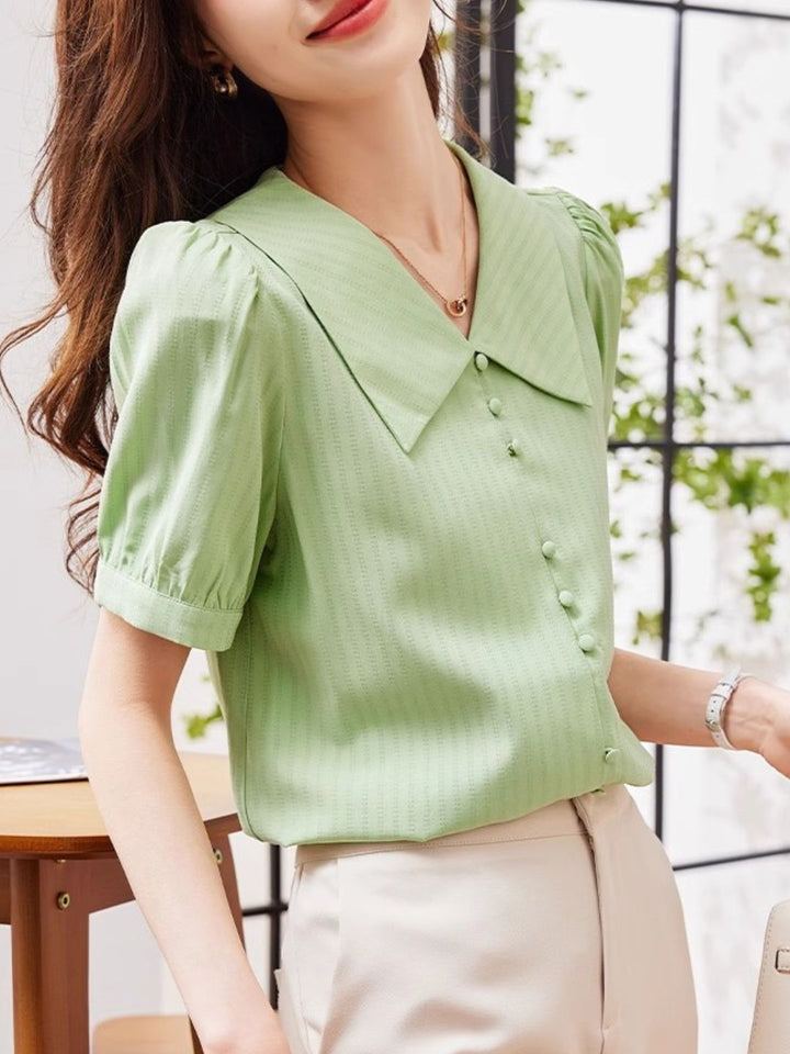 Green V-neck Puff Sleeve Top