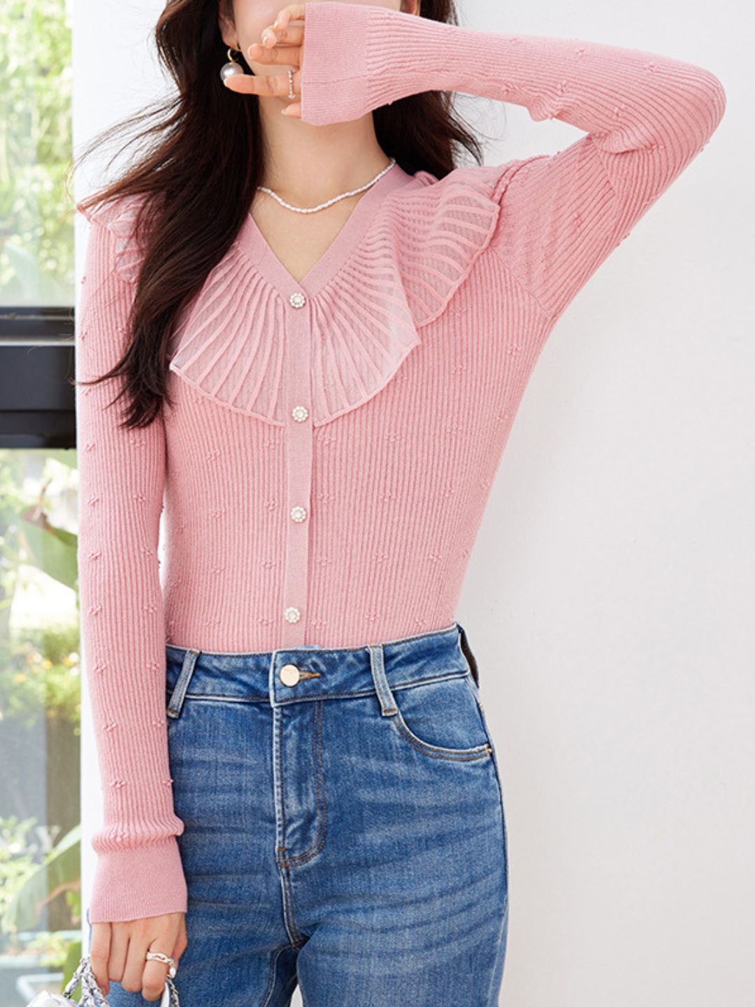 Temperament Pink V-Neck Ruffled Top