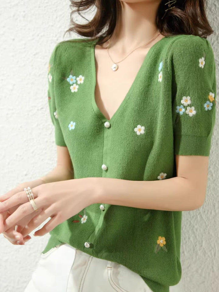 Embroidered Flower Knitted V-neck T-shirt - Black