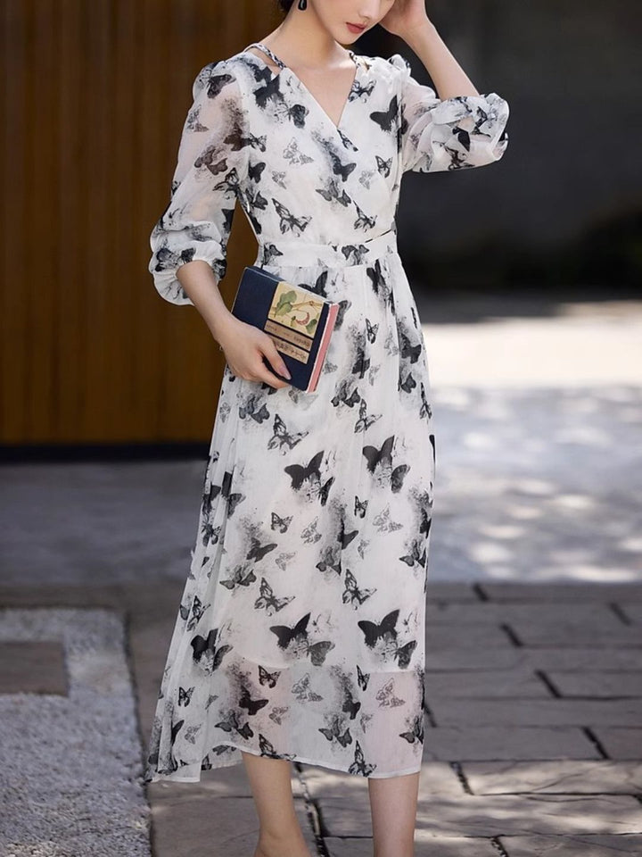 Elegant Butterfly Print V-Neck Dress