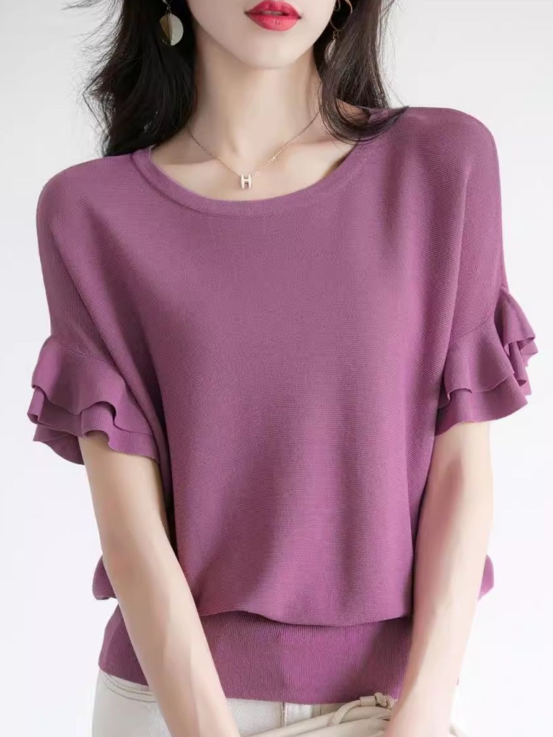 Elegant Ruffle Sleeves Crew Neck Knit Top