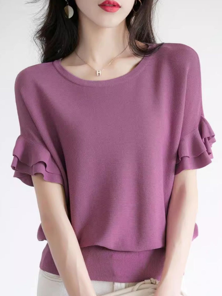 Elegant Ruffle Sleeves Crew Neck Knit Top