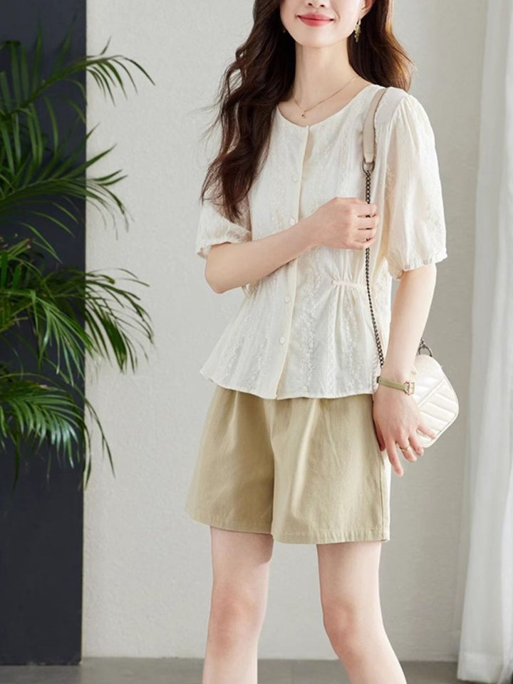 Round Neck Embroidered Shirt - Green