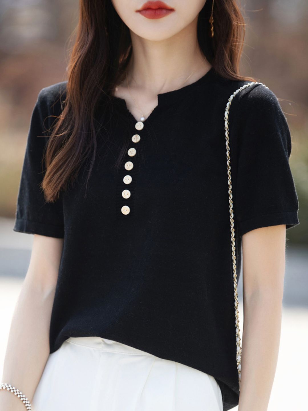 V-Neck Solid Color Loose Top