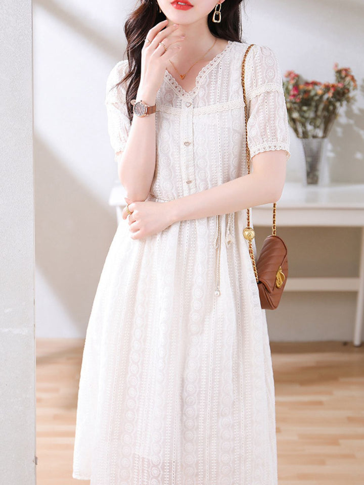V-Neck Beige Lace Dress