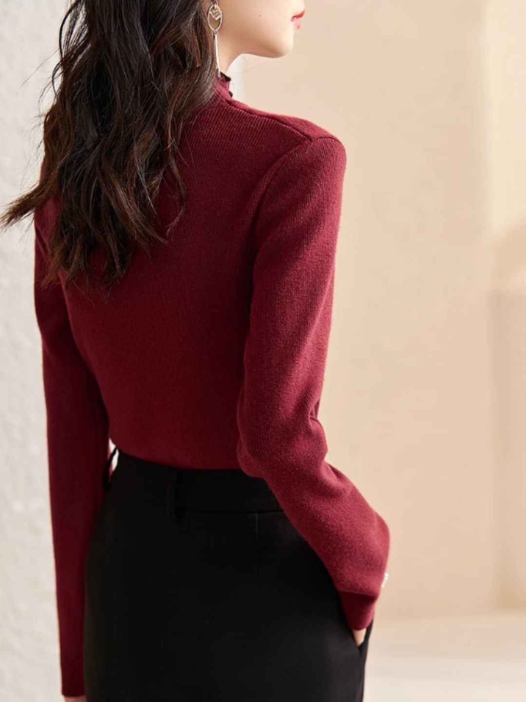 Solid Color Knitted Sweater - Red