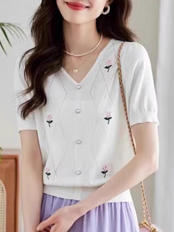 V-Neck Knitted Top With Hollow Embroidery