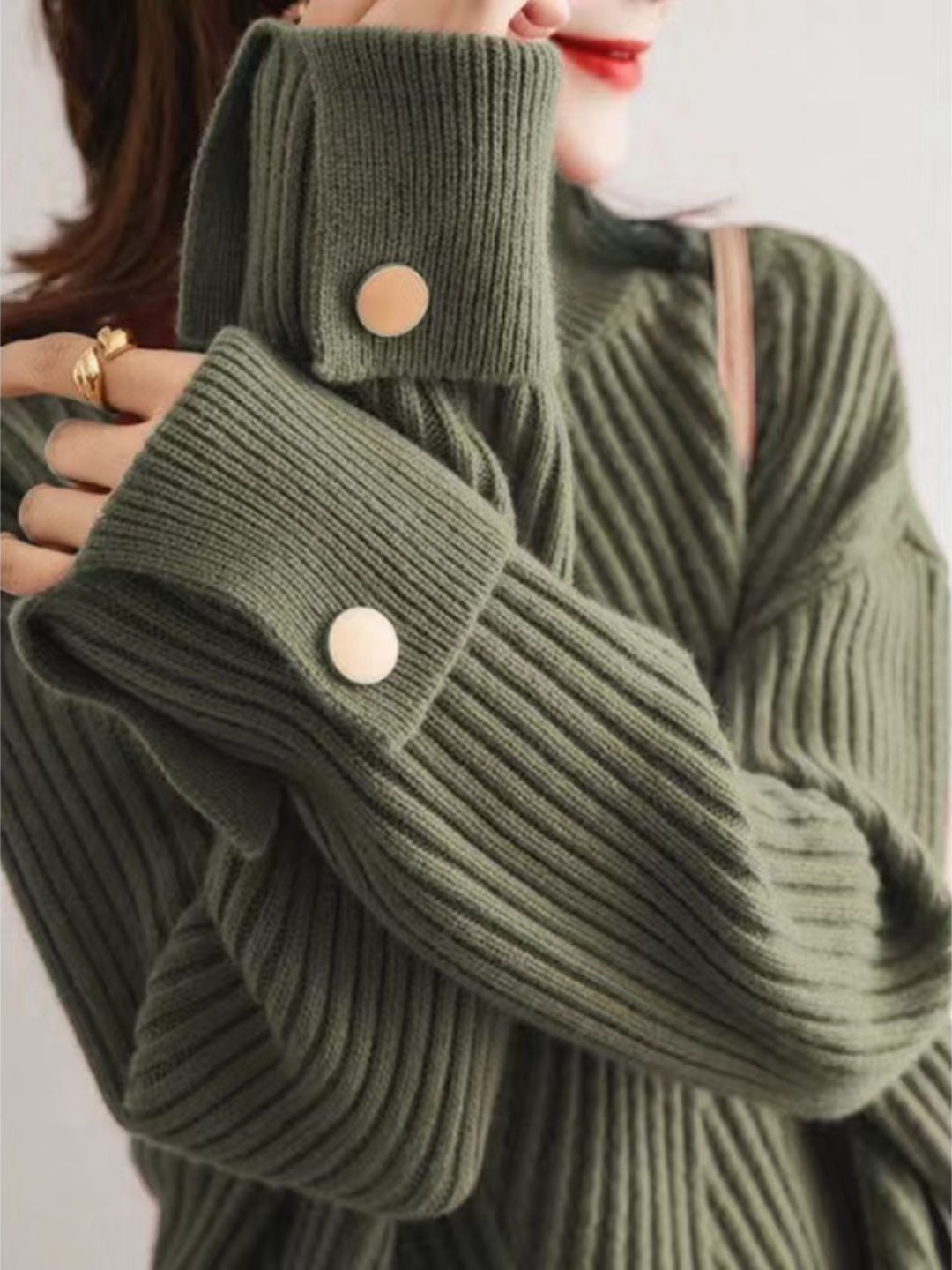 Half Turtleneck Solid Color Button Knitted Top