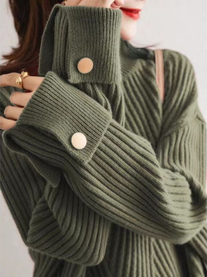 Half Turtleneck Solid Color Button Knitted Top
