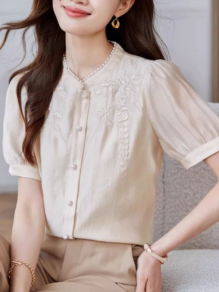 Embroidered Short Sleeve Chiffon Shirt - Apricot