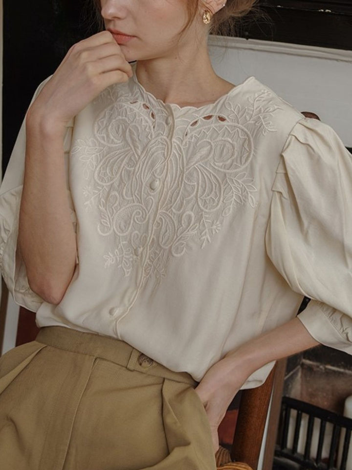 Lantern Sleeve Embroidered Shirt