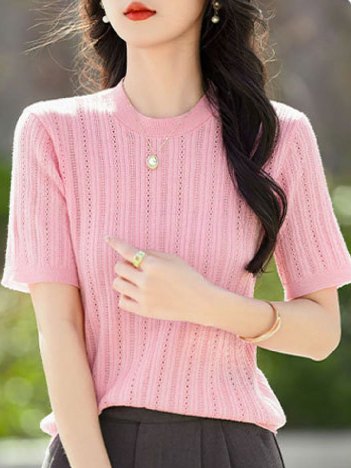 Solid Color Round Neck Thin Knitted Top - Blue