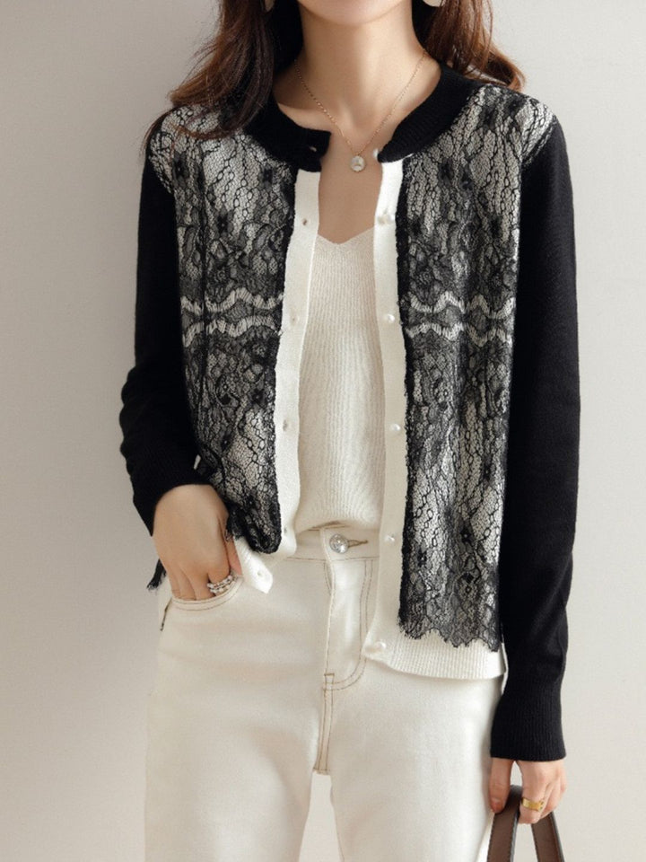 Crew Neck Lace Knit Sweater - Black