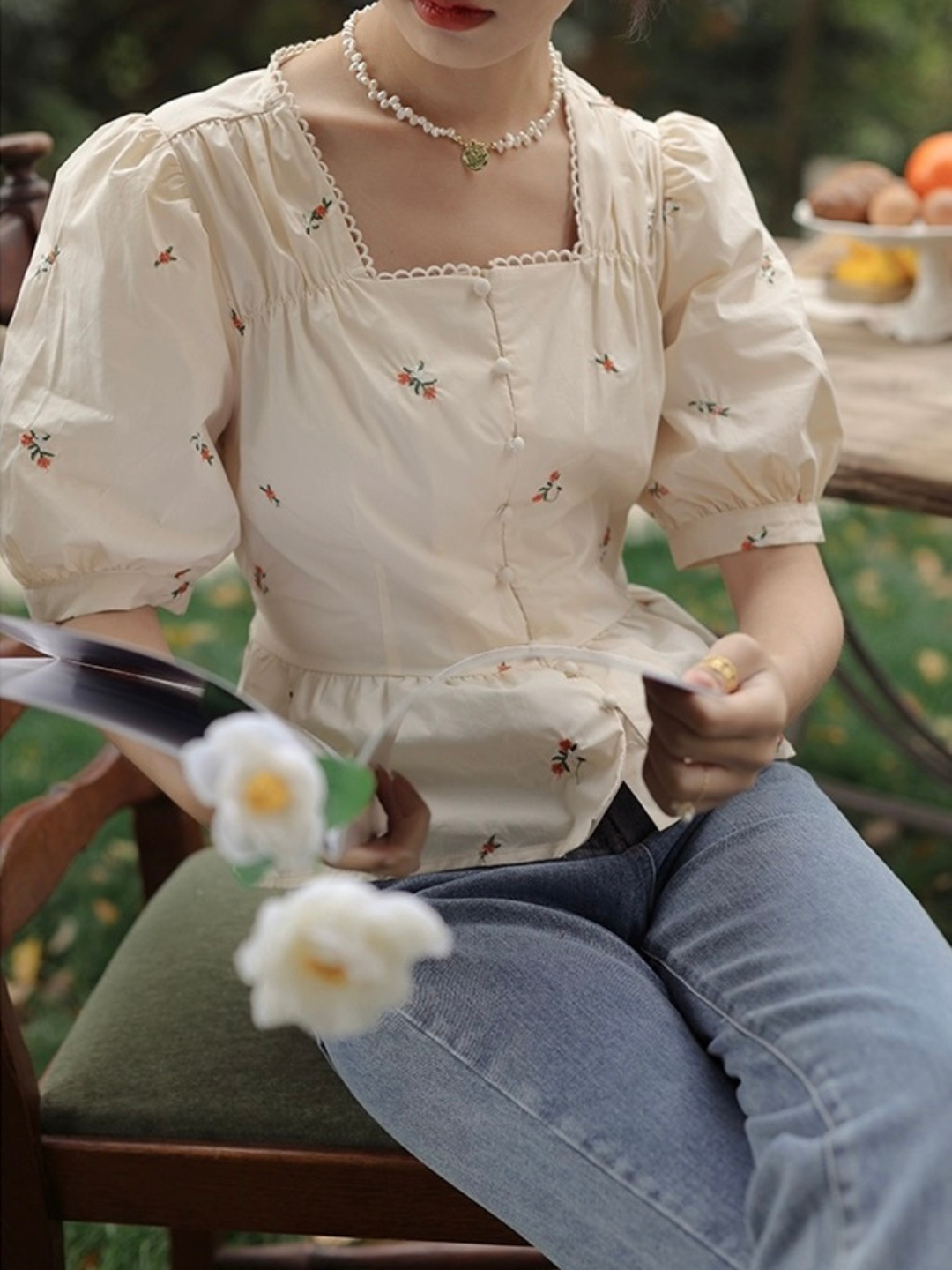 Square Neck Short Sleeve Embroidered Shirt