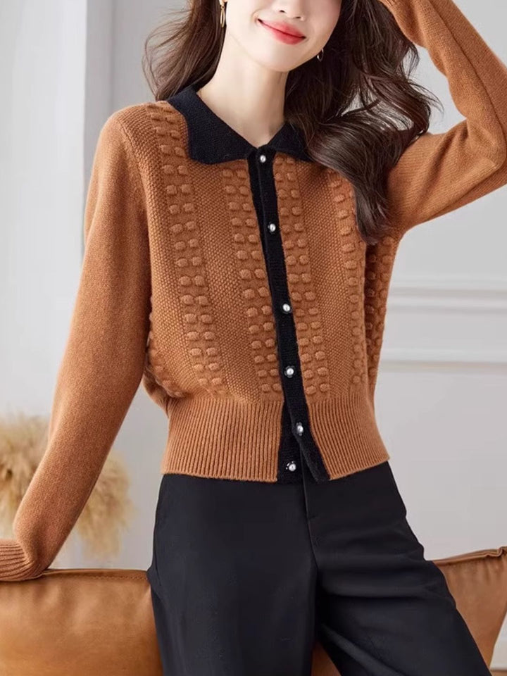 Retro Lapel Contrasting Knitted Cardigan
