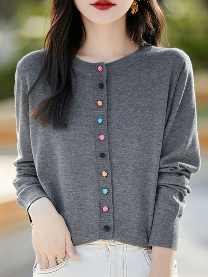 Classic Crew Neck Knit Cardigan -Grey