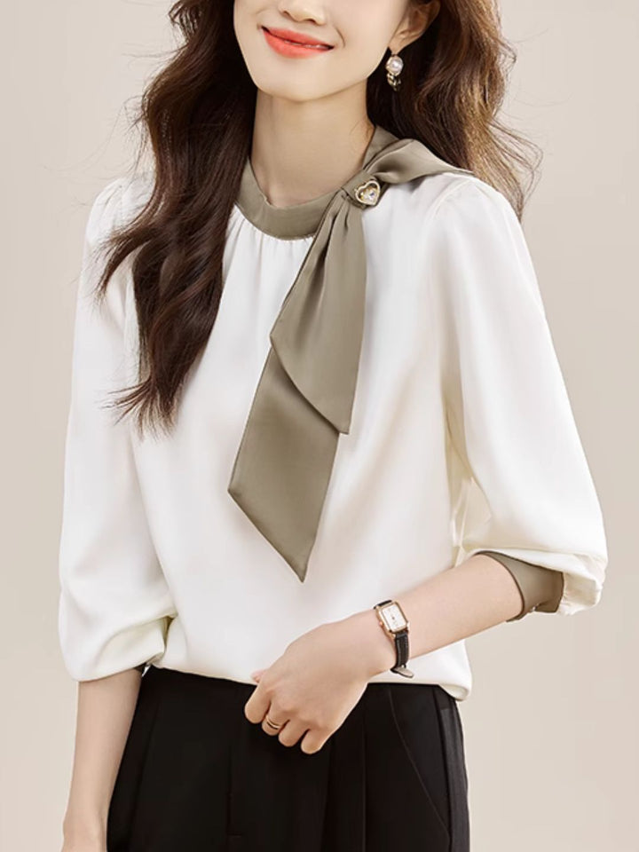 Gentle Colorblock Collar Bowknot Ribbon Top