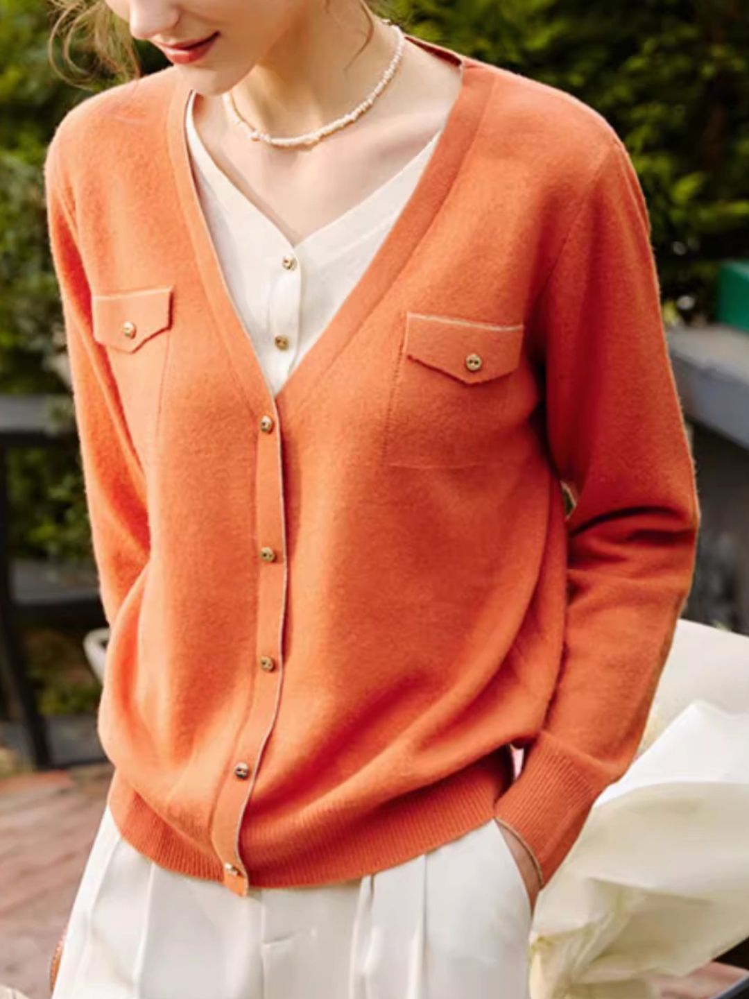 French Orange Lazy Style V-Neck Sweater