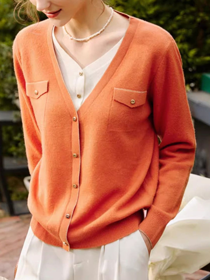 French Orange Lazy Style V-Neck Sweater